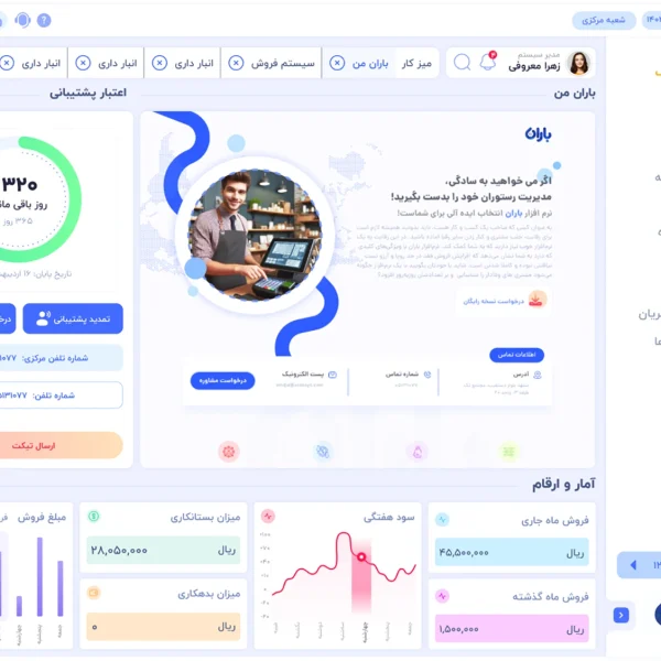 صفحه داشبورد نرم افزار حسابداری فروشگاهی باران